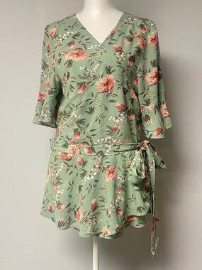 Loft Womens Wrap Around Blouse Sage Green Floral Print Size Large Flare Sleeves